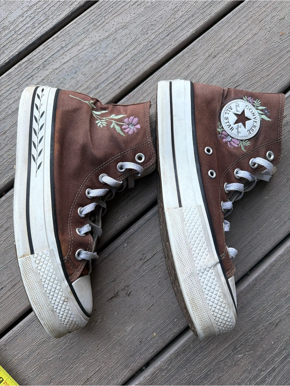 Converse High-Top Sneakers Brown Canvas with Pink Floral Embroidery